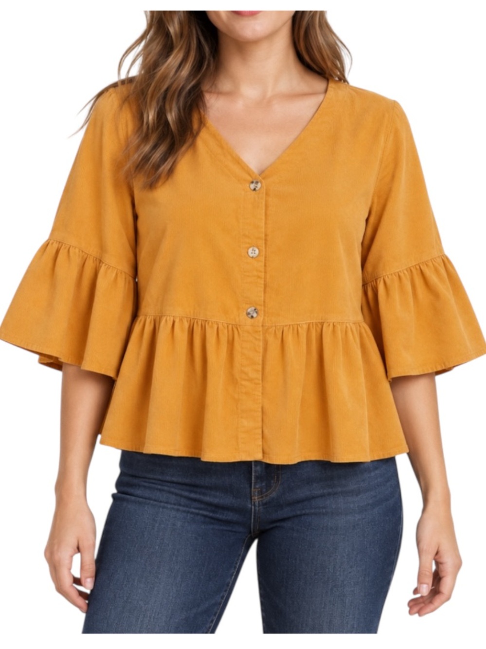 Kleen Orange Micro Corduroy Peplum Top Medium Bell Sleeve Button Front Boho